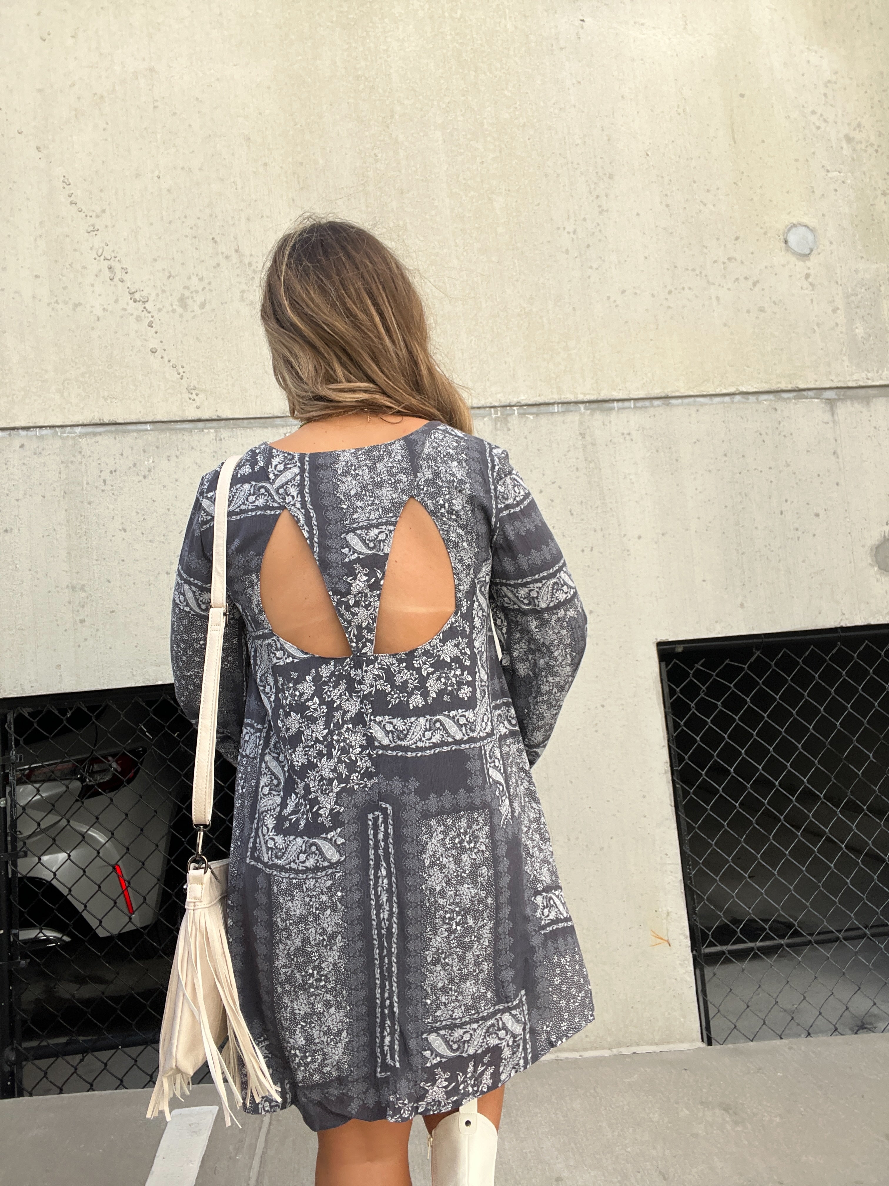 LA LA LAND PATCHWORK DRESS CHARCOAL