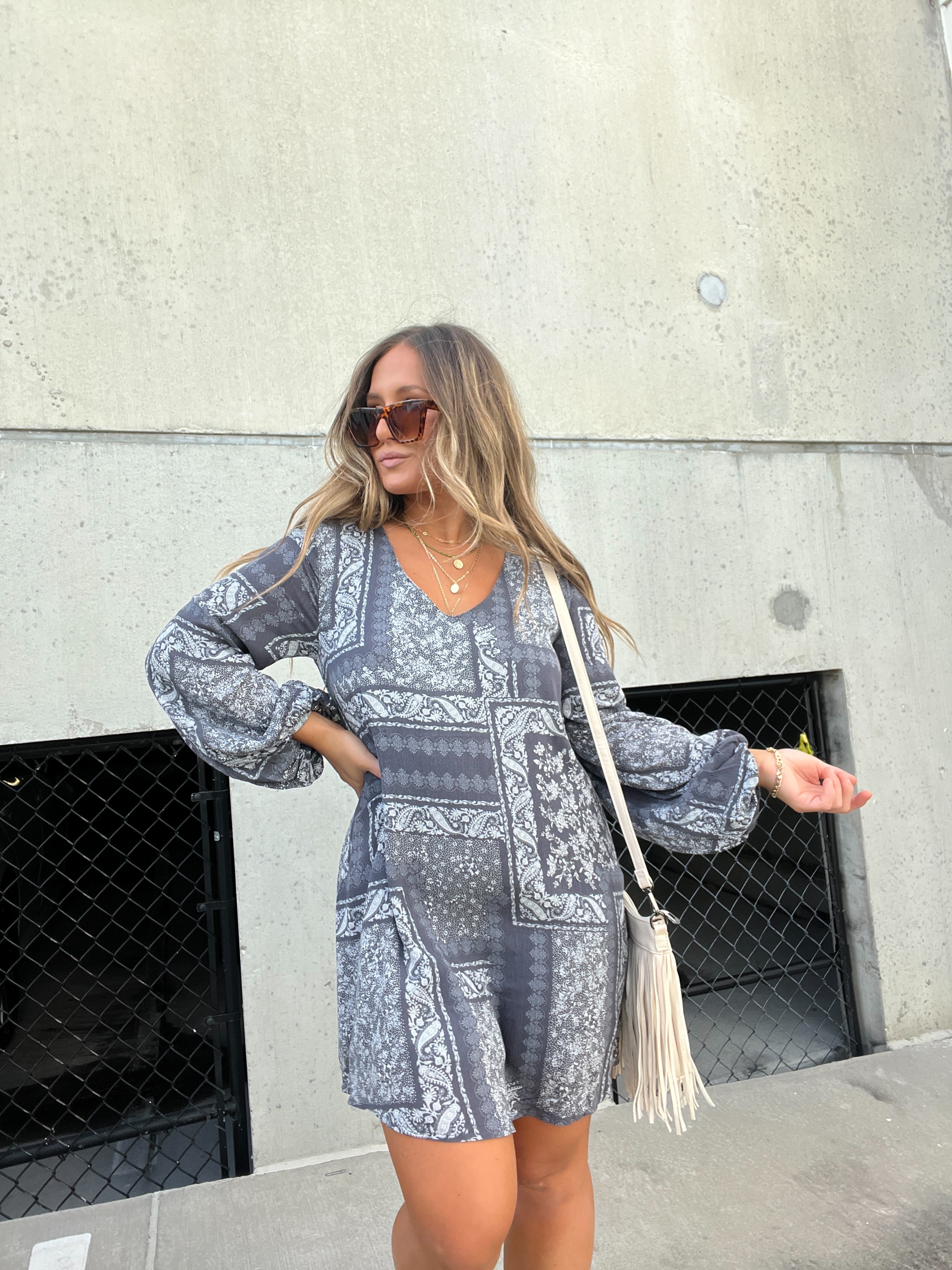 LA LA LAND PATCHWORK DRESS CHARCOAL