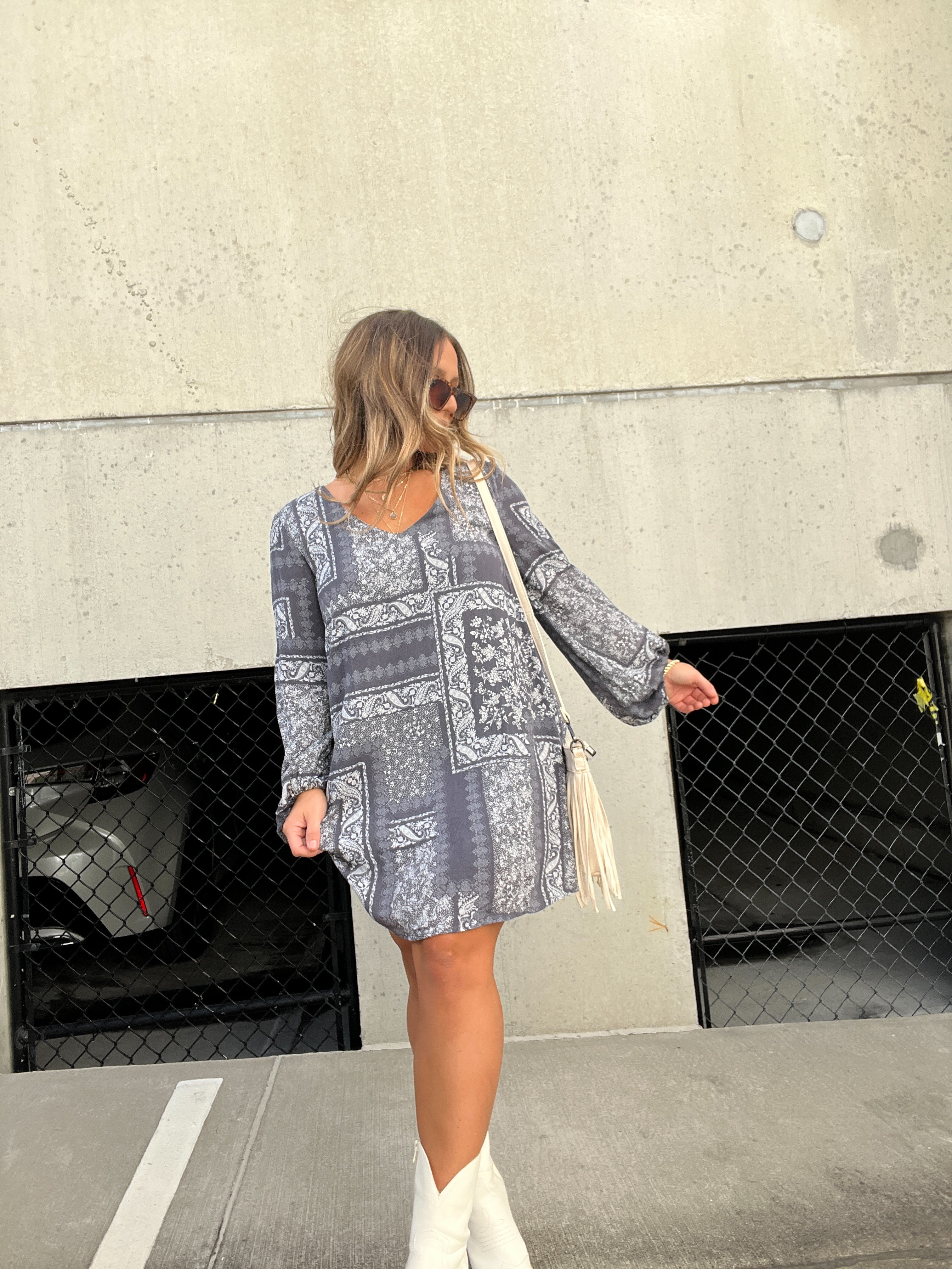 LA LA LAND PATCHWORK DRESS CHARCOAL