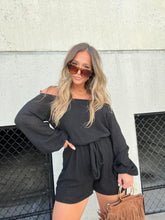 Load image into Gallery viewer, WAFFLE OFF THE SHOULDER ROMPER BLACK

