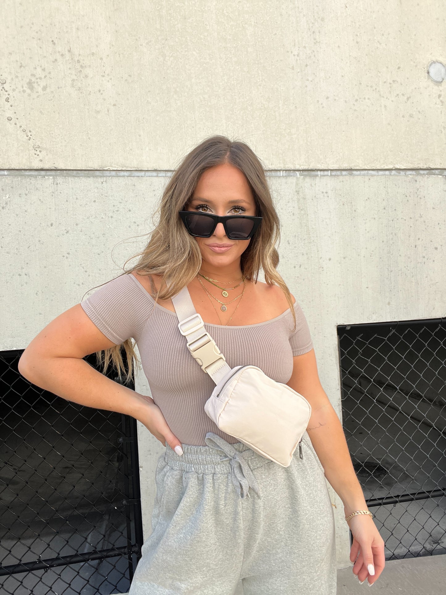 TAUPE OFF THE SHOULDER BASIC TOP