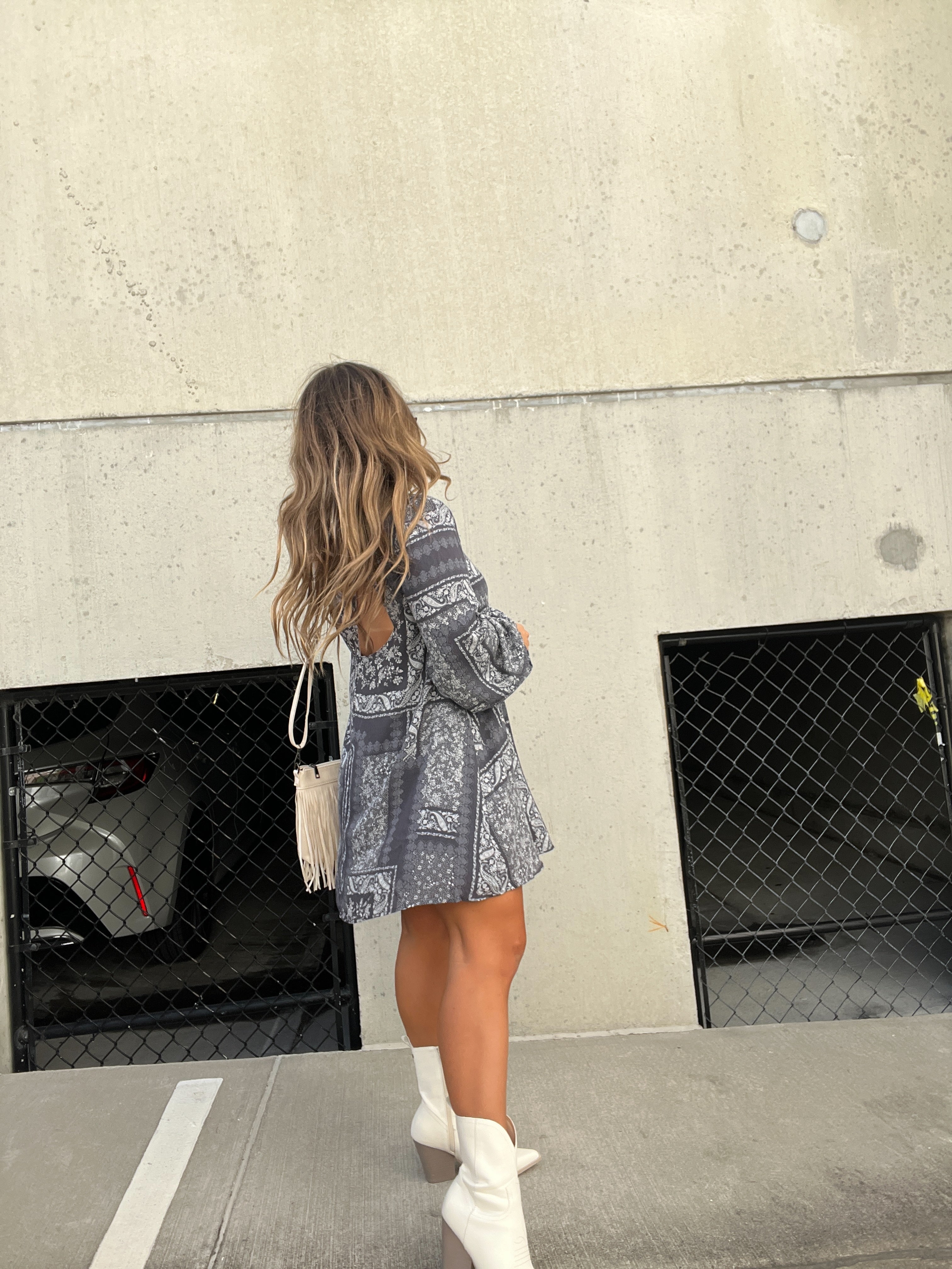 LA LA LAND PATCHWORK DRESS CHARCOAL