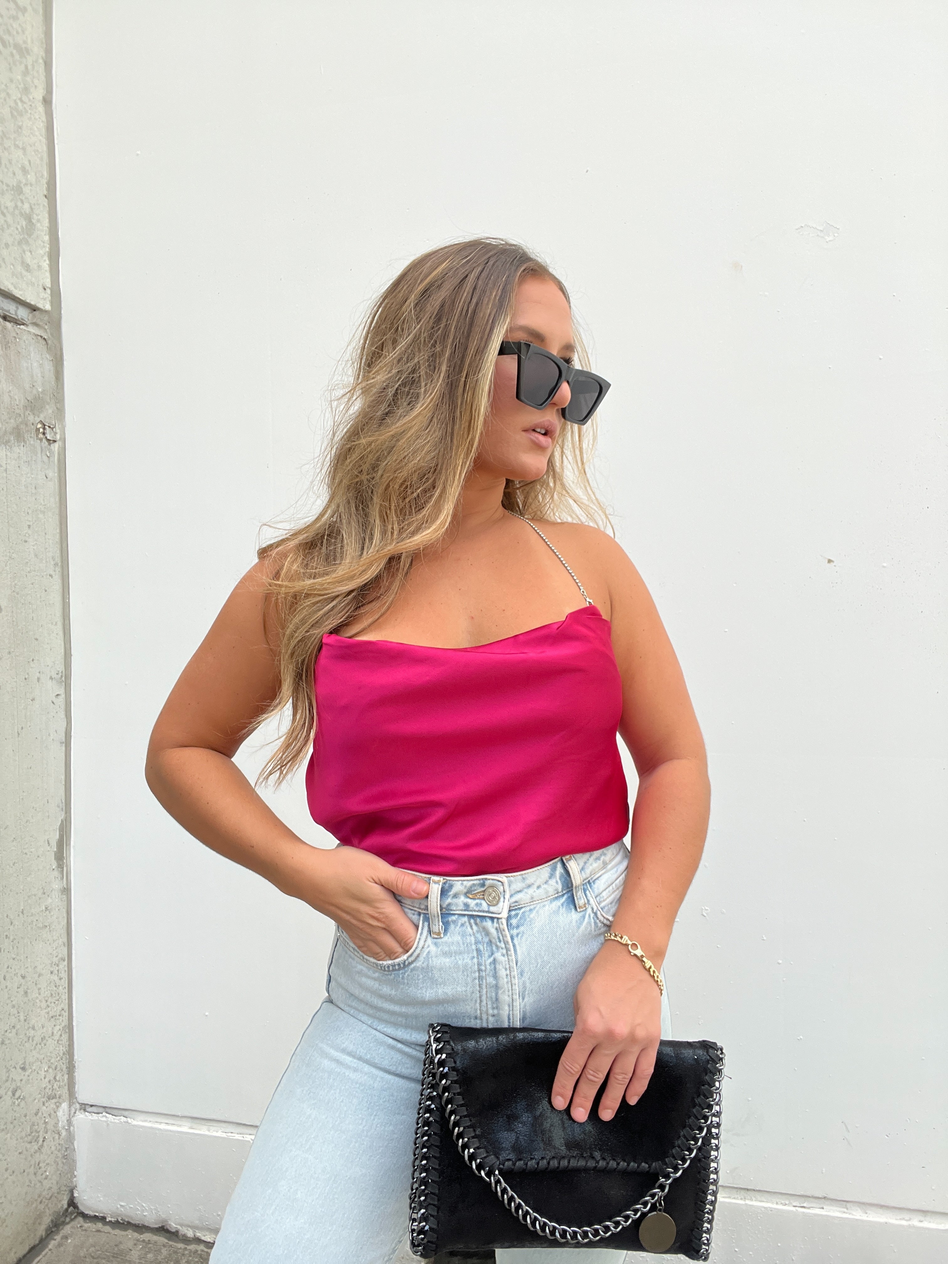 SATIN COWL NECK HALTER MAGENTA