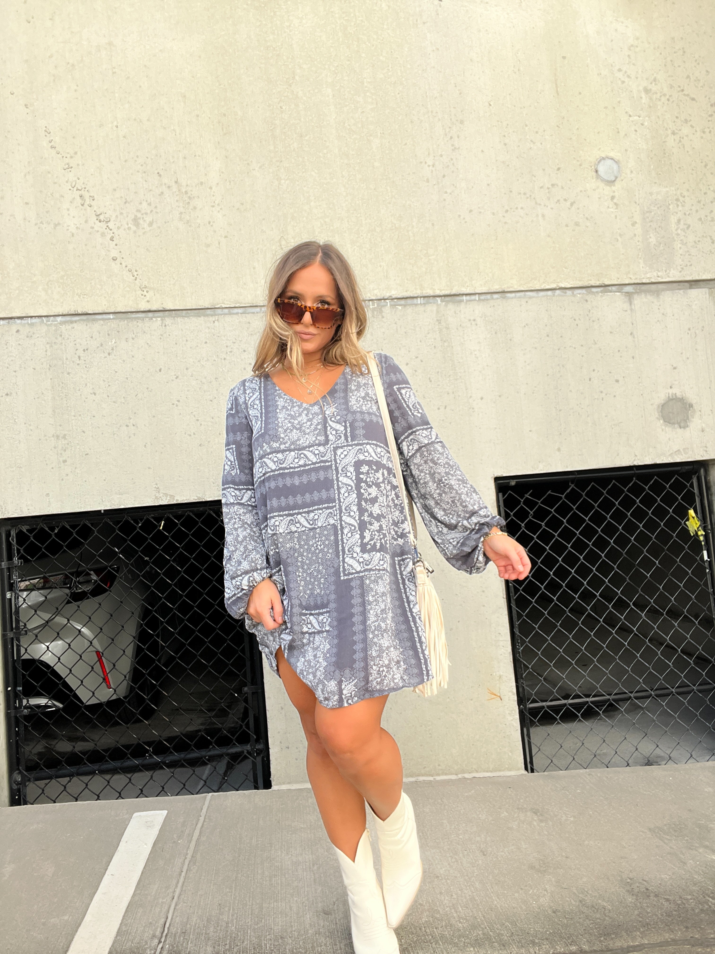 LA LA LAND PATCHWORK DRESS CHARCOAL