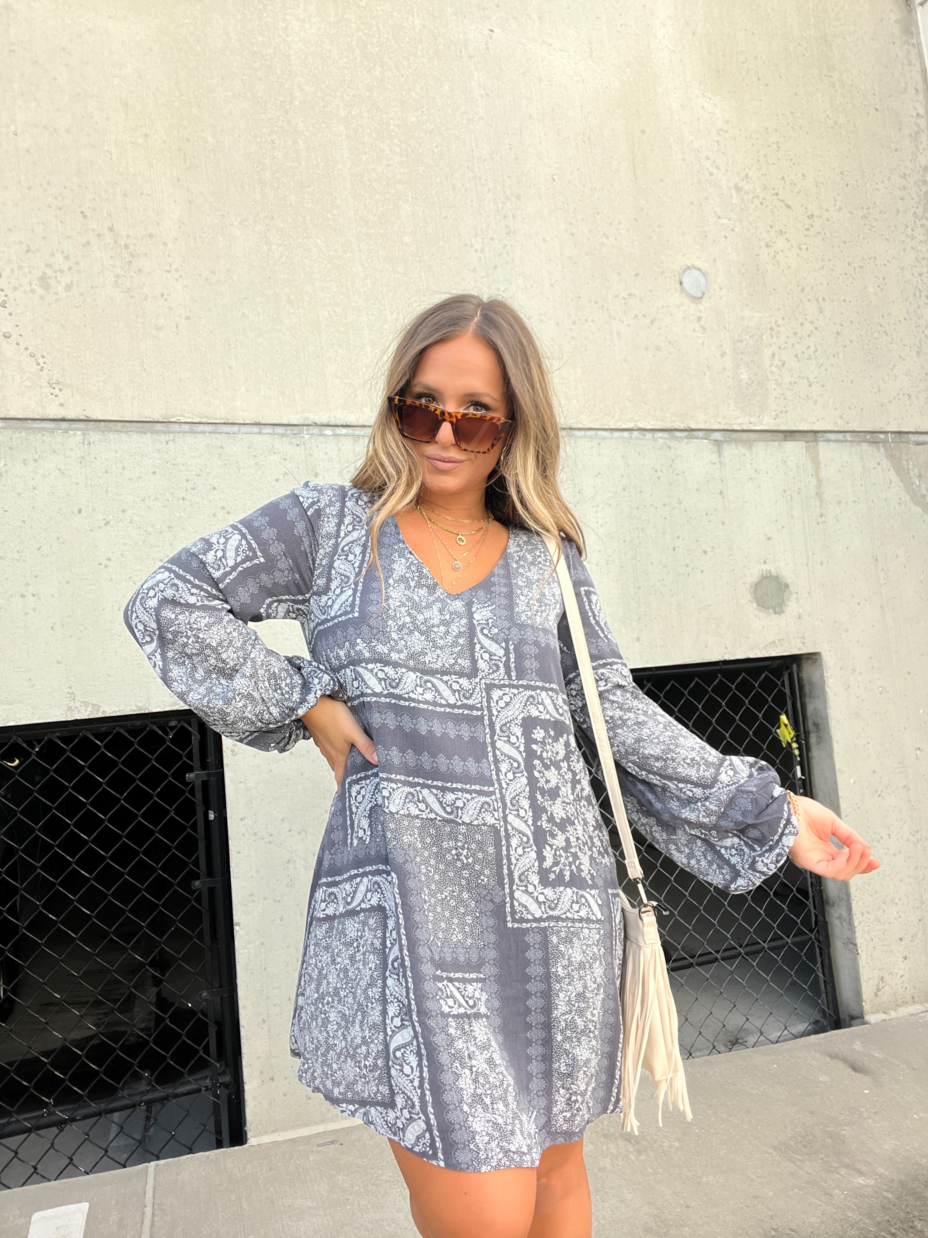 LA LA LAND PATCHWORK DRESS CHARCOAL
