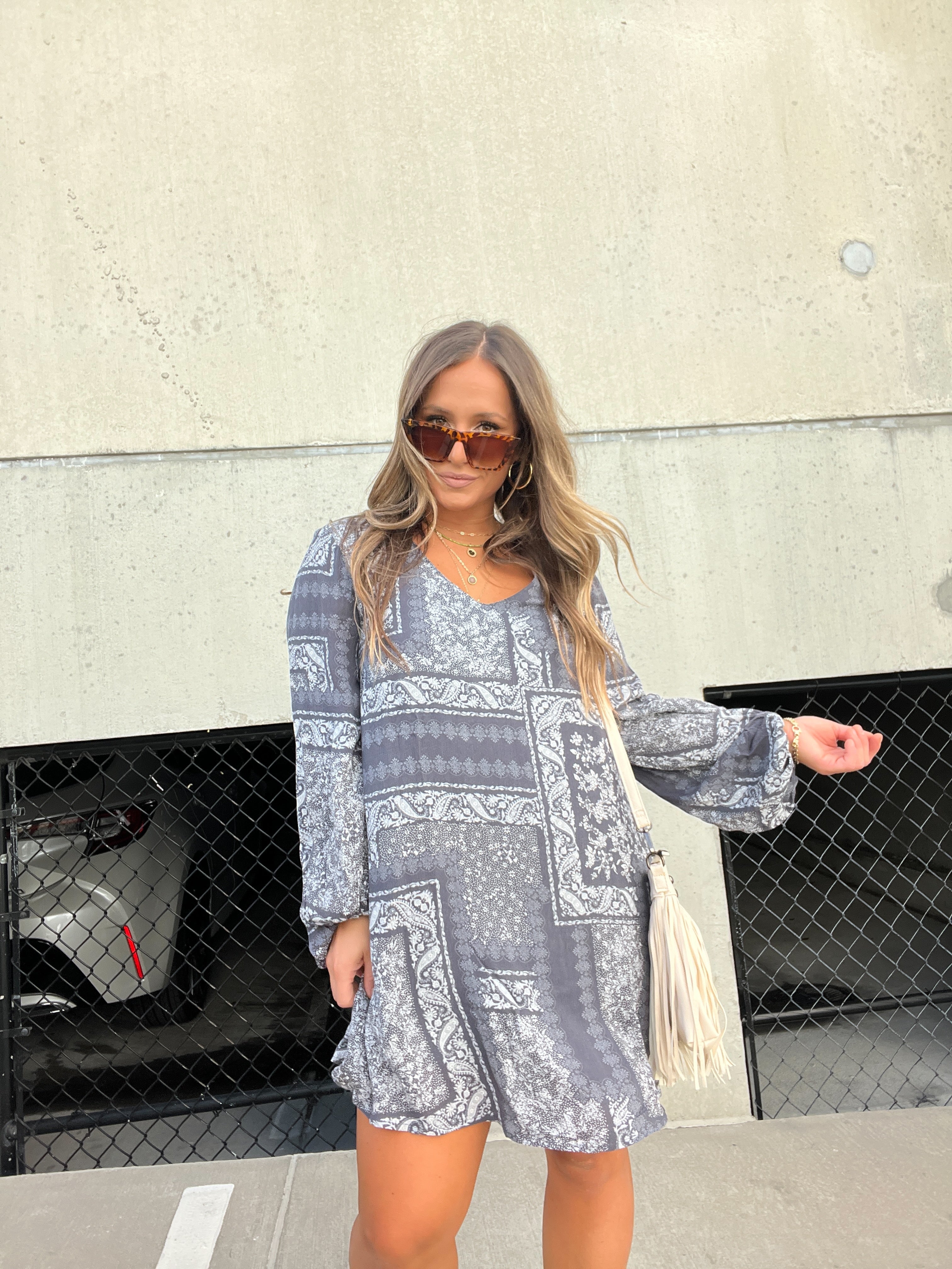 LA LA LAND PATCHWORK DRESS CHARCOAL