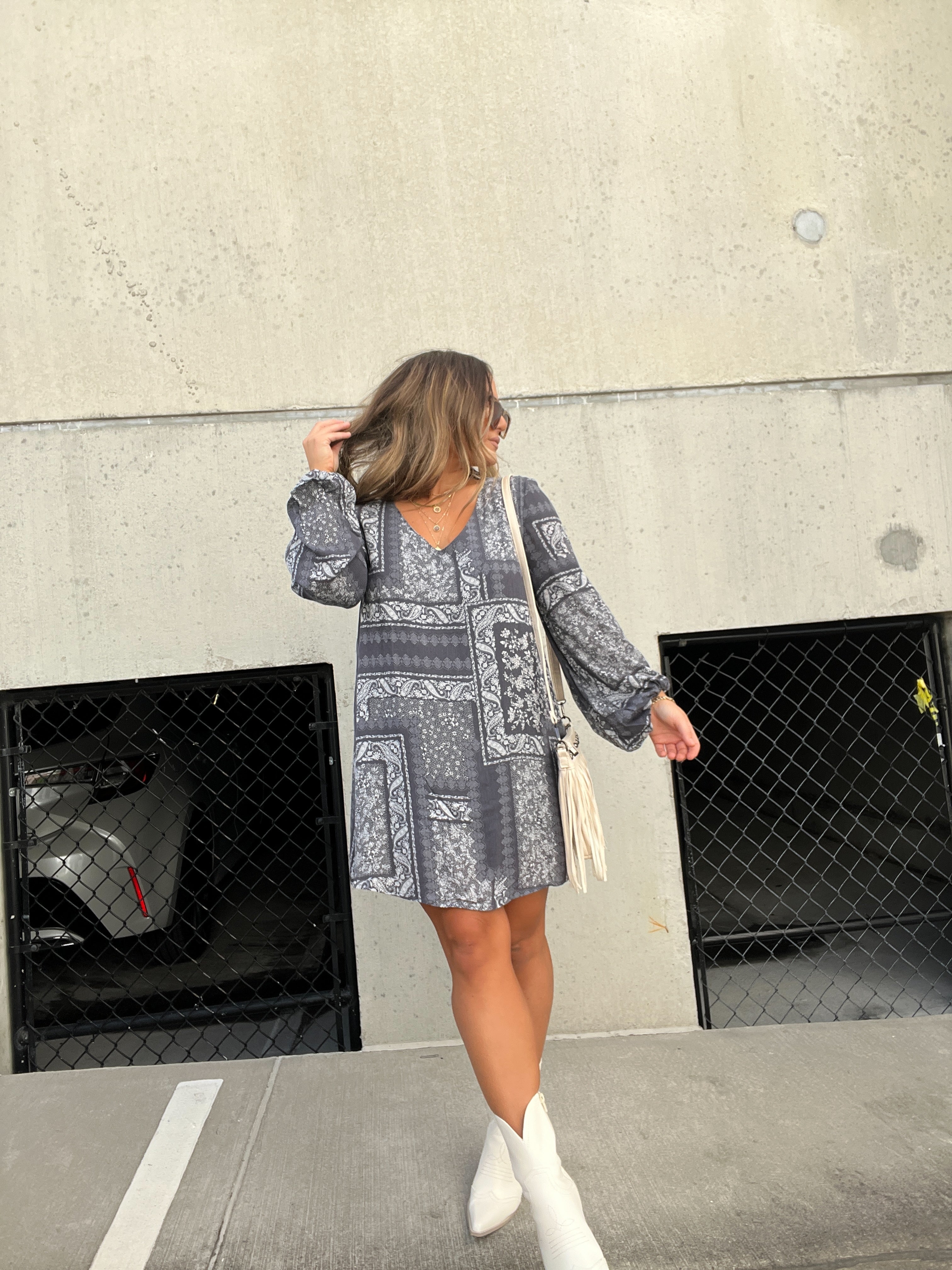 LA LA LAND PATCHWORK DRESS CHARCOAL