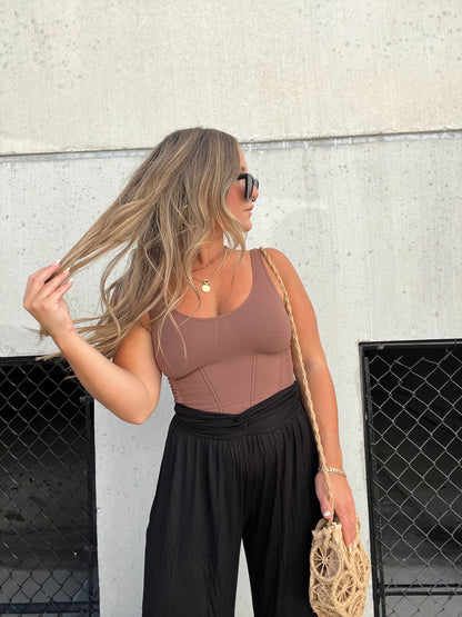 NOT YOUR BASIC FAUX CORSET TANK TOFFEE