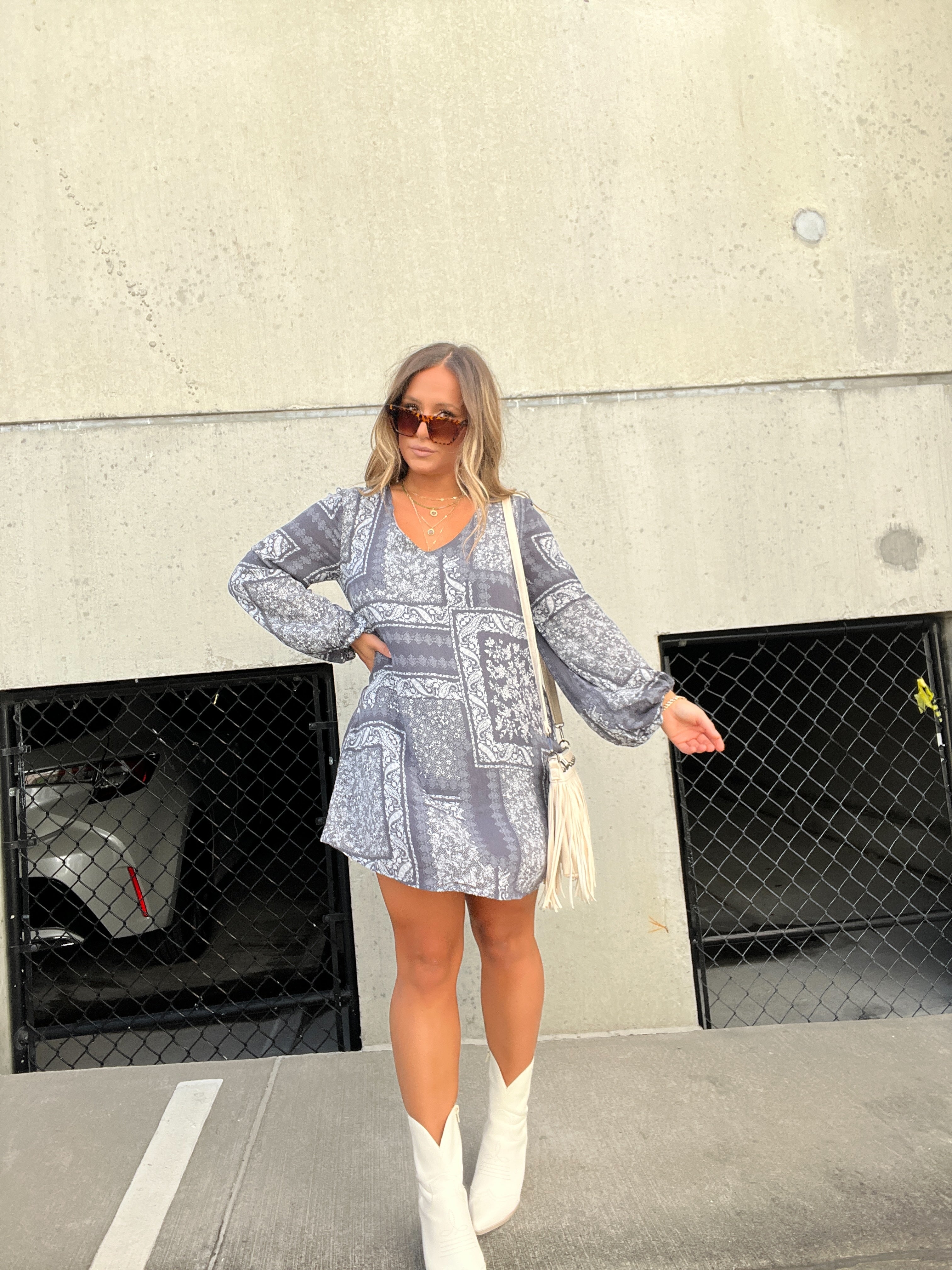 LA LA LAND PATCHWORK DRESS CHARCOAL