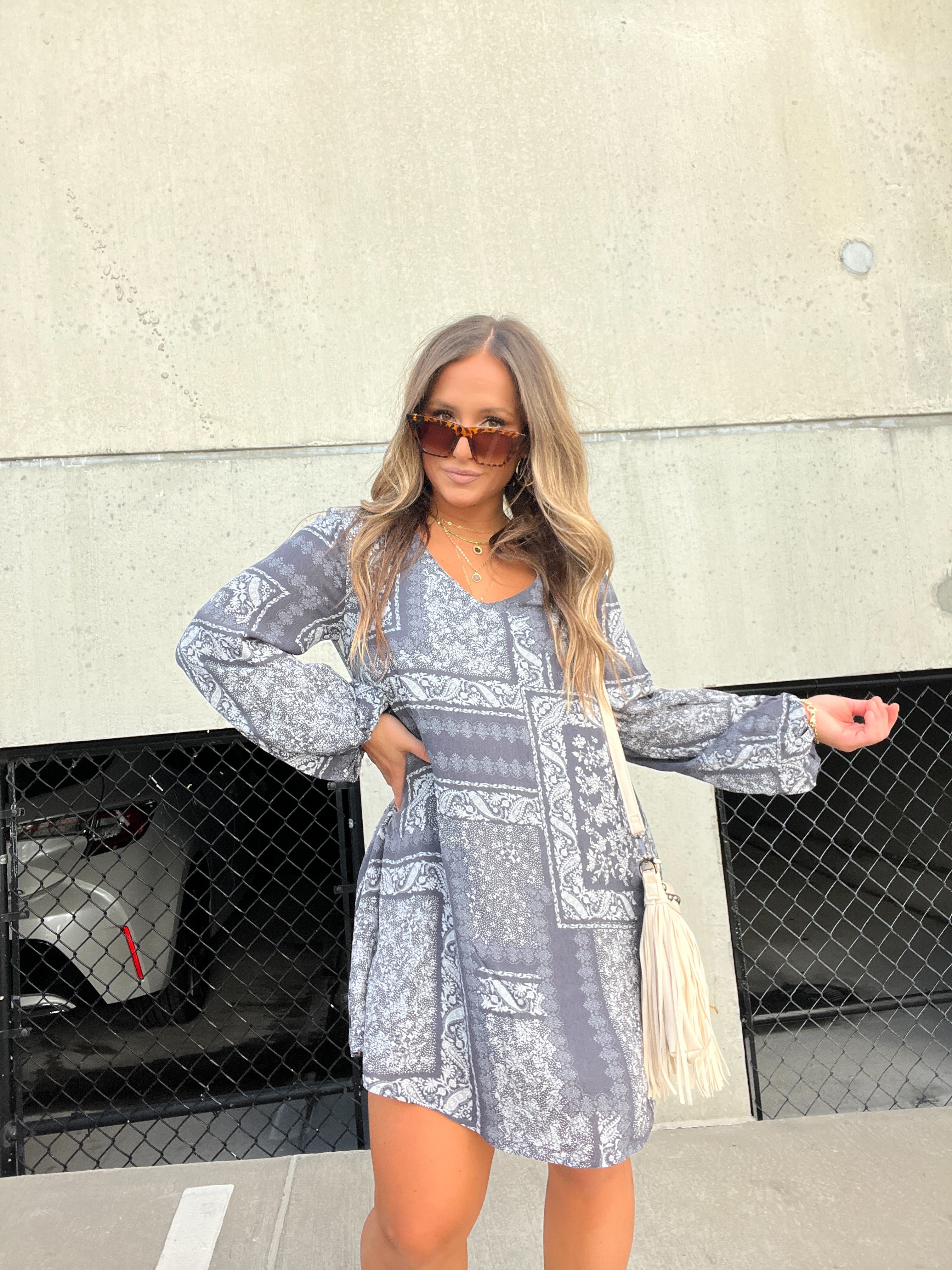 LA LA LAND PATCHWORK DRESS CHARCOAL