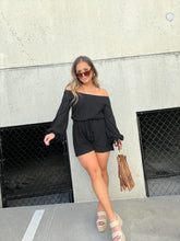 Load image into Gallery viewer, WAFFLE OFF THE SHOULDER ROMPER BLACK
