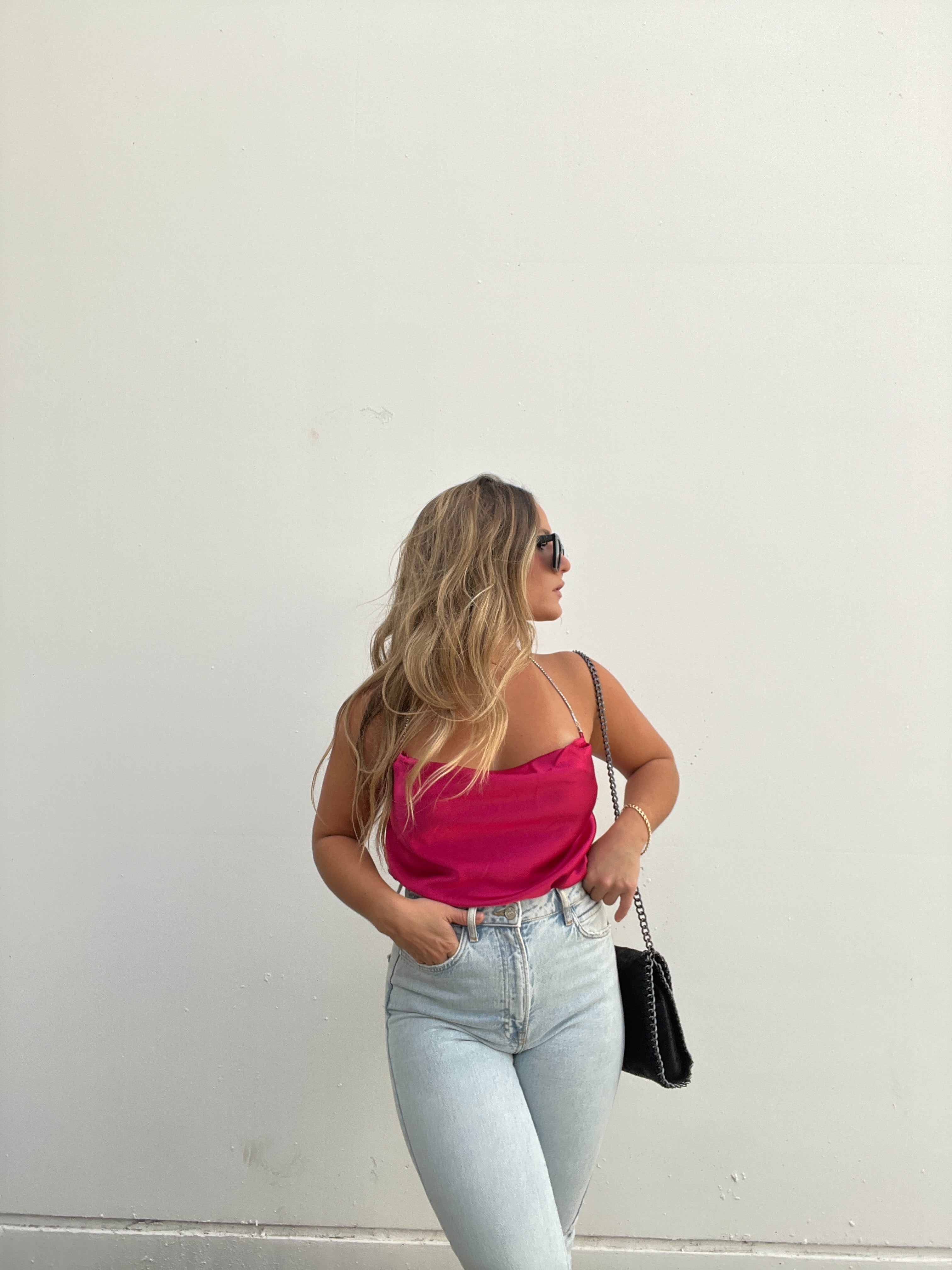 SATIN COWL NECK HALTER MAGENTA