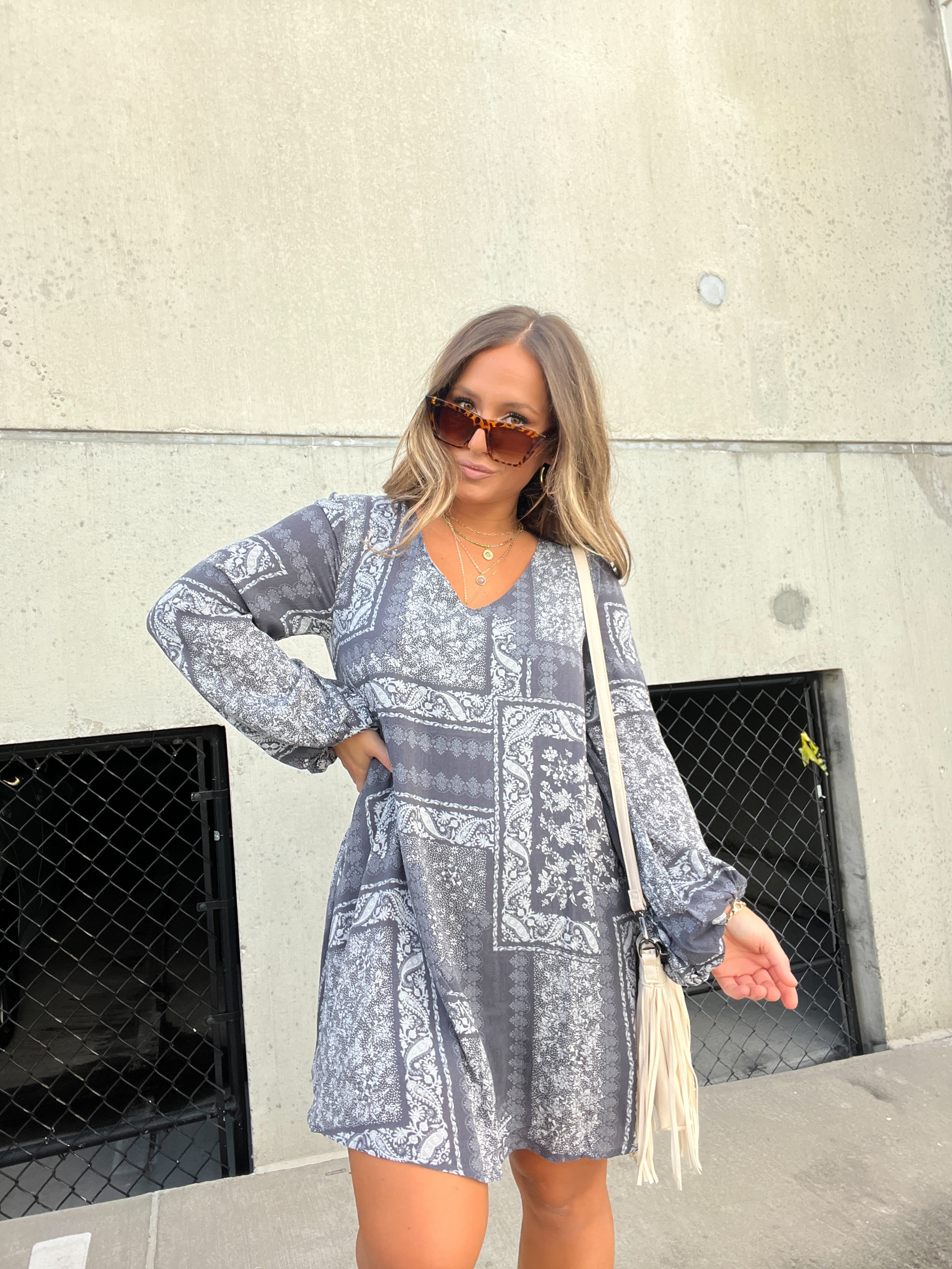 LA LA LAND PATCHWORK DRESS CHARCOAL