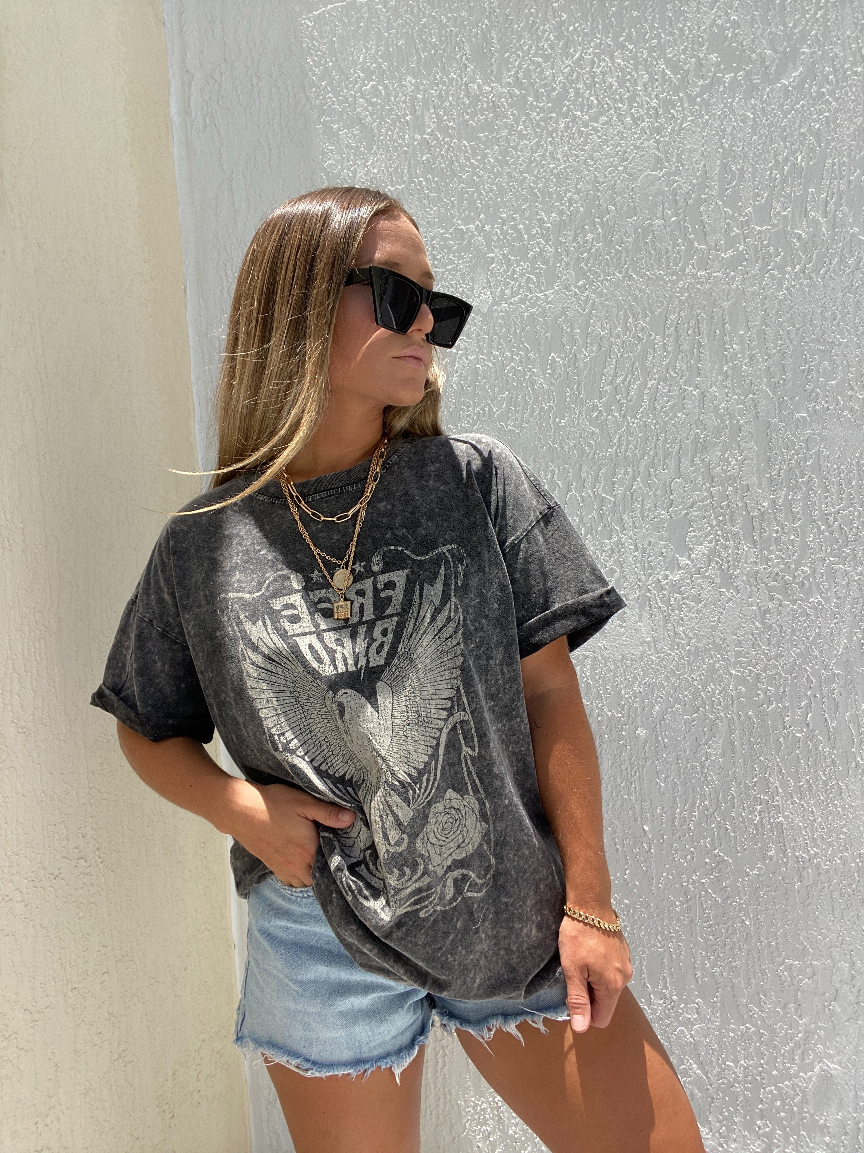 Washed Free Bird Graphic Tee Black