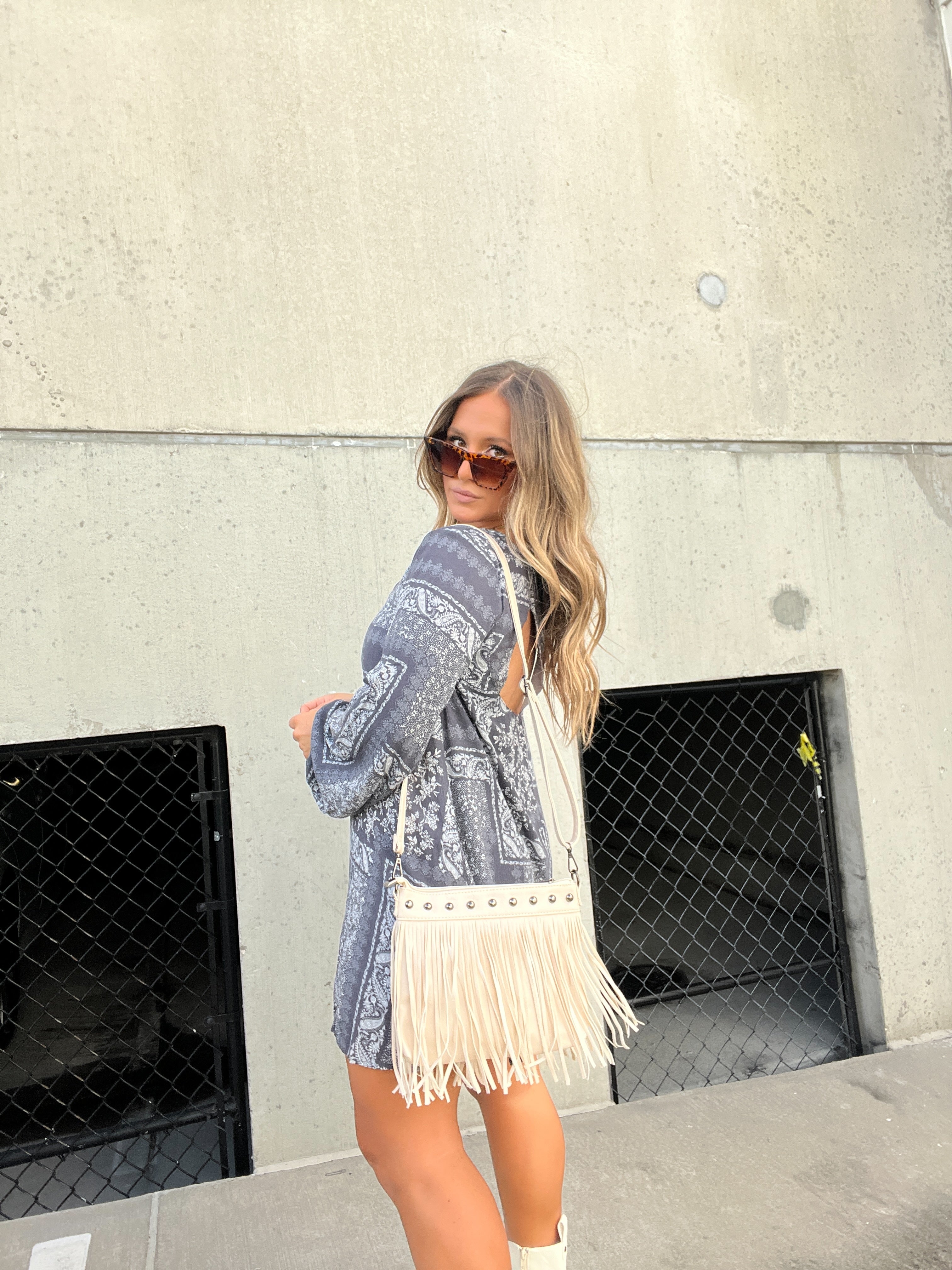 LA LA LAND PATCHWORK DRESS CHARCOAL